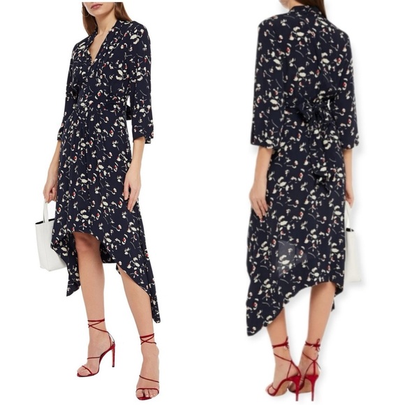 ba&sh Silia Shirred Floral-Print Crepe Dress in Marine LARGE - Picture 2 of 9